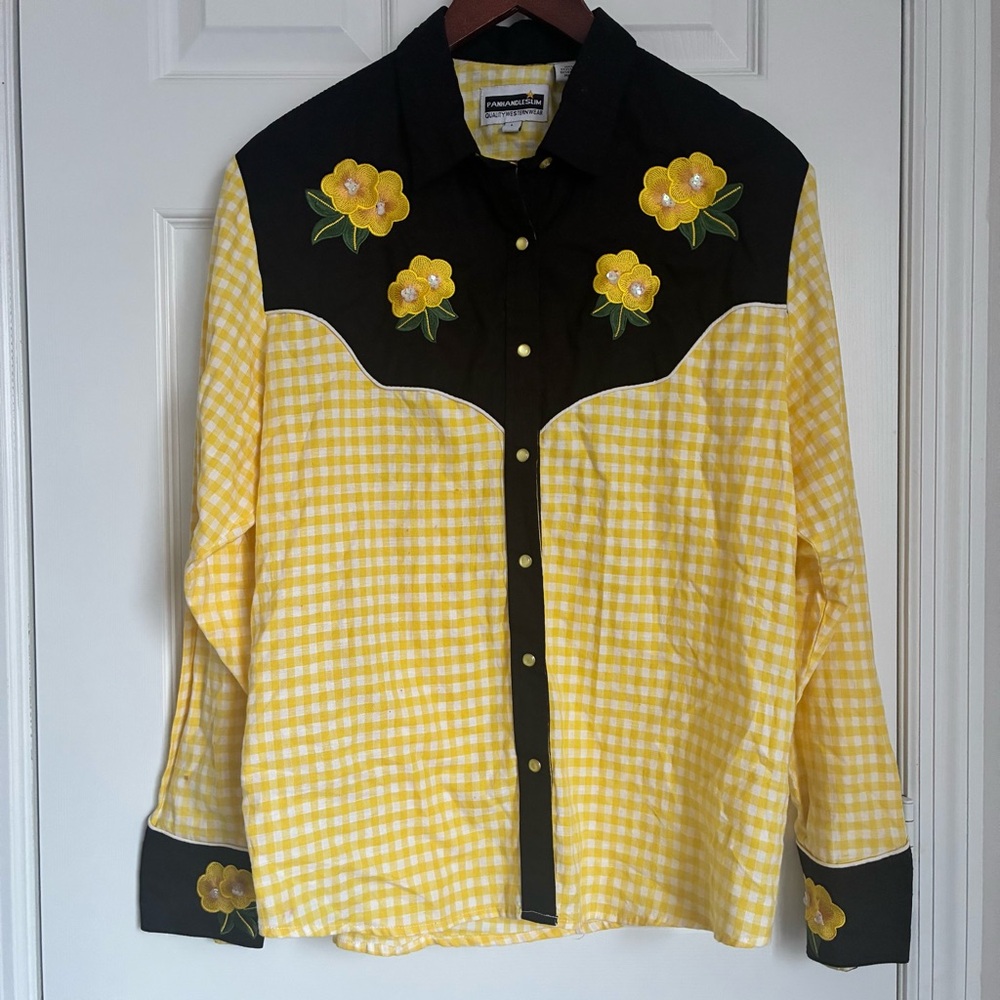 PanhandleSlim Yellow Black White Checkered Shirt Floral Embroidered Embroidery